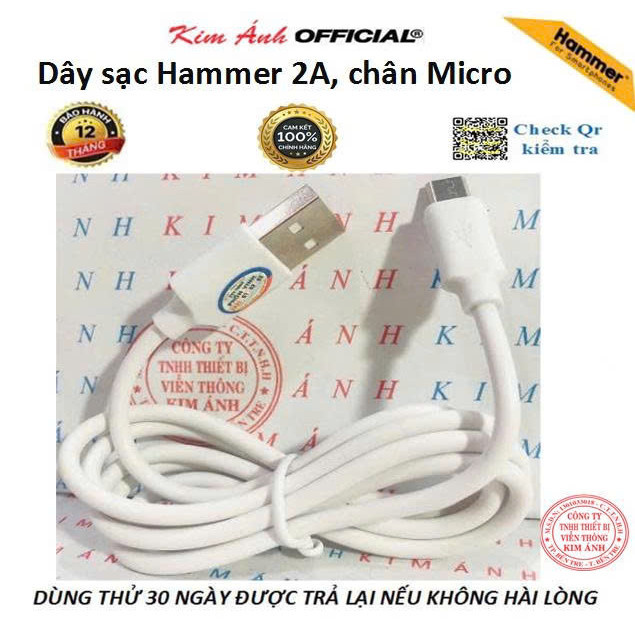 Dây sạc Ham mer chân cắm Micro dòng điện 2A, Kim Ánh bảo hành hàng chính hãng 12 tháng
