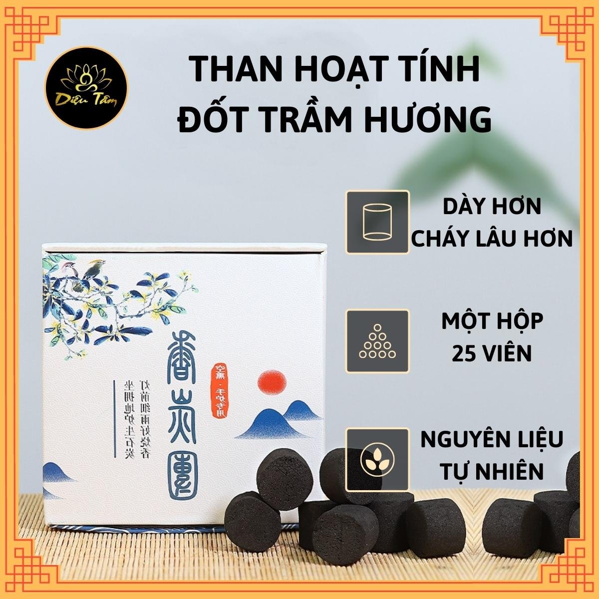 Than đốt trầm dùng trong trầm hương xông nhà đồ thờ cúng hộp 25 viên than tre sạch