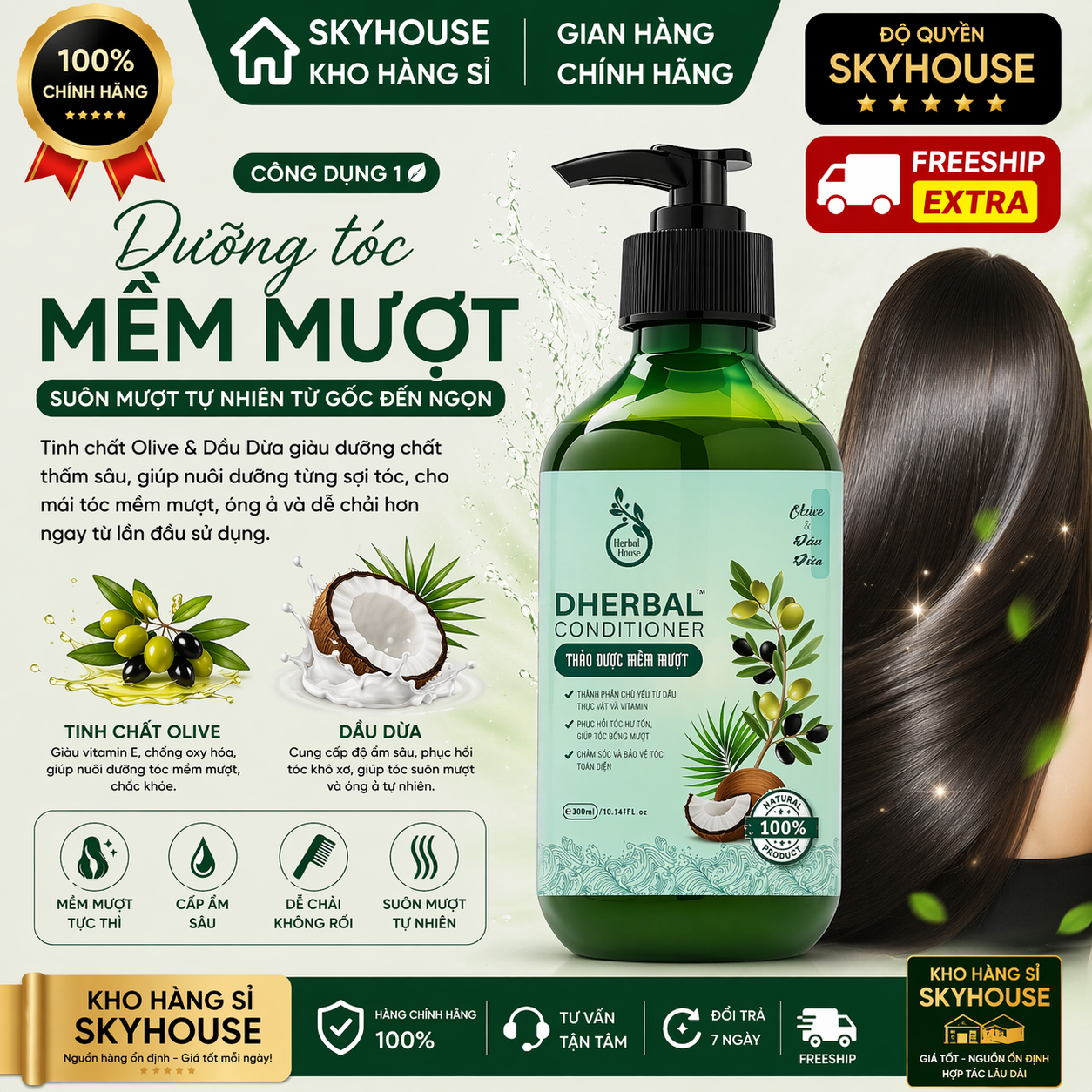 Dầu xả thảo dược thiên nhiên tinh chất olive dầu dừa độc quyền DHERBAL chai 300ml  dầu xả tóc chắc khỏe suôn mượt chính hãng