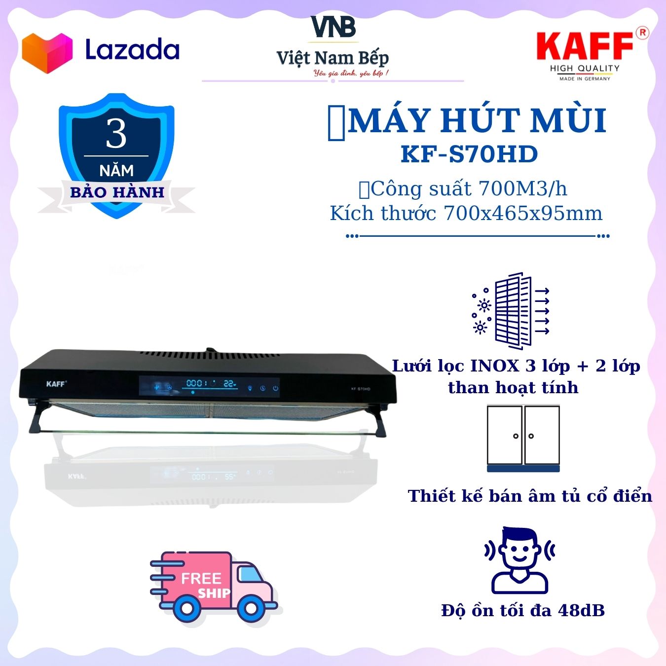 Máy hút mùi KAFF KF-S70HD - Tặng bộ lọc than hoạt tính - Hàng chính hãng