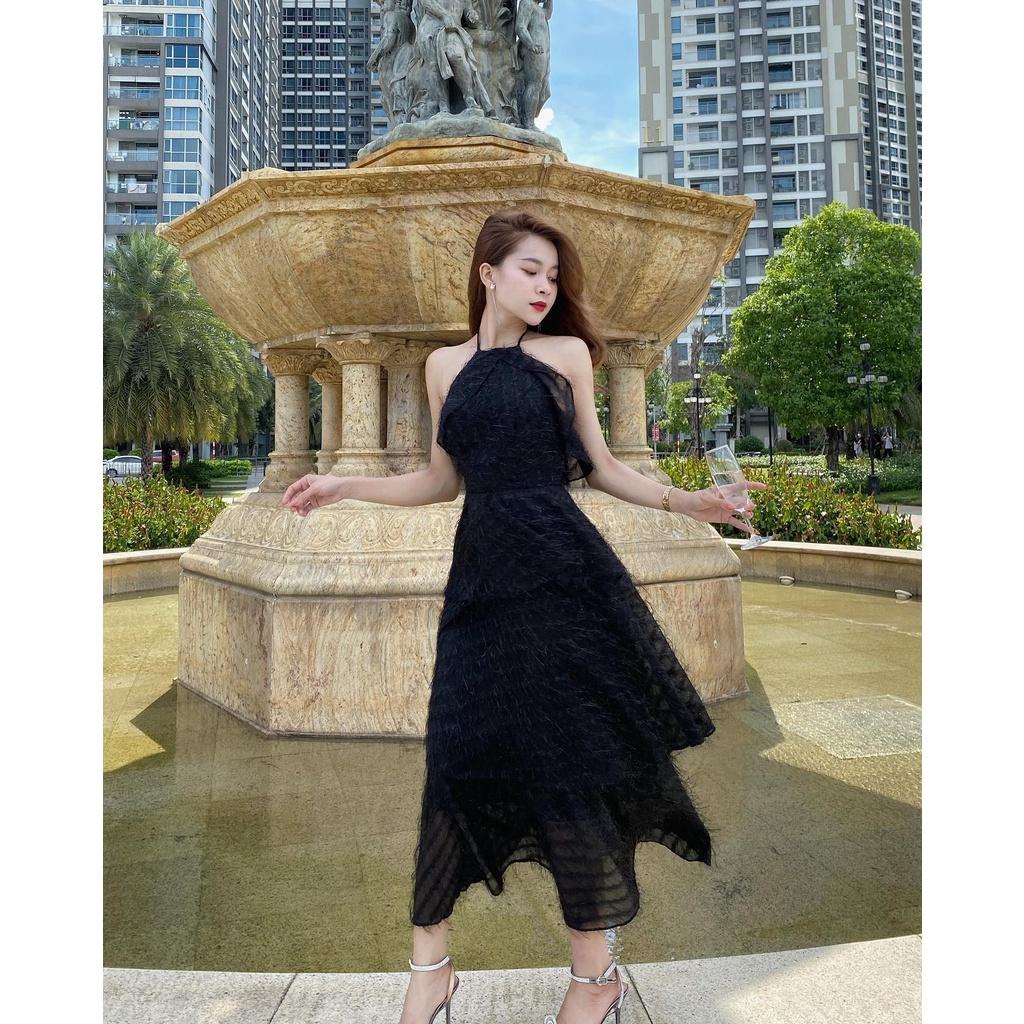 Đầm lông vũ đen nhiều tầng cổ yếm - Elise Black Fur Dress - Walenty