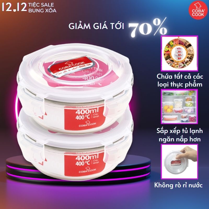 BỘ 2 hộp thủy tinh chịu nhiệt hình tròn dung tích 400ml- CCR42