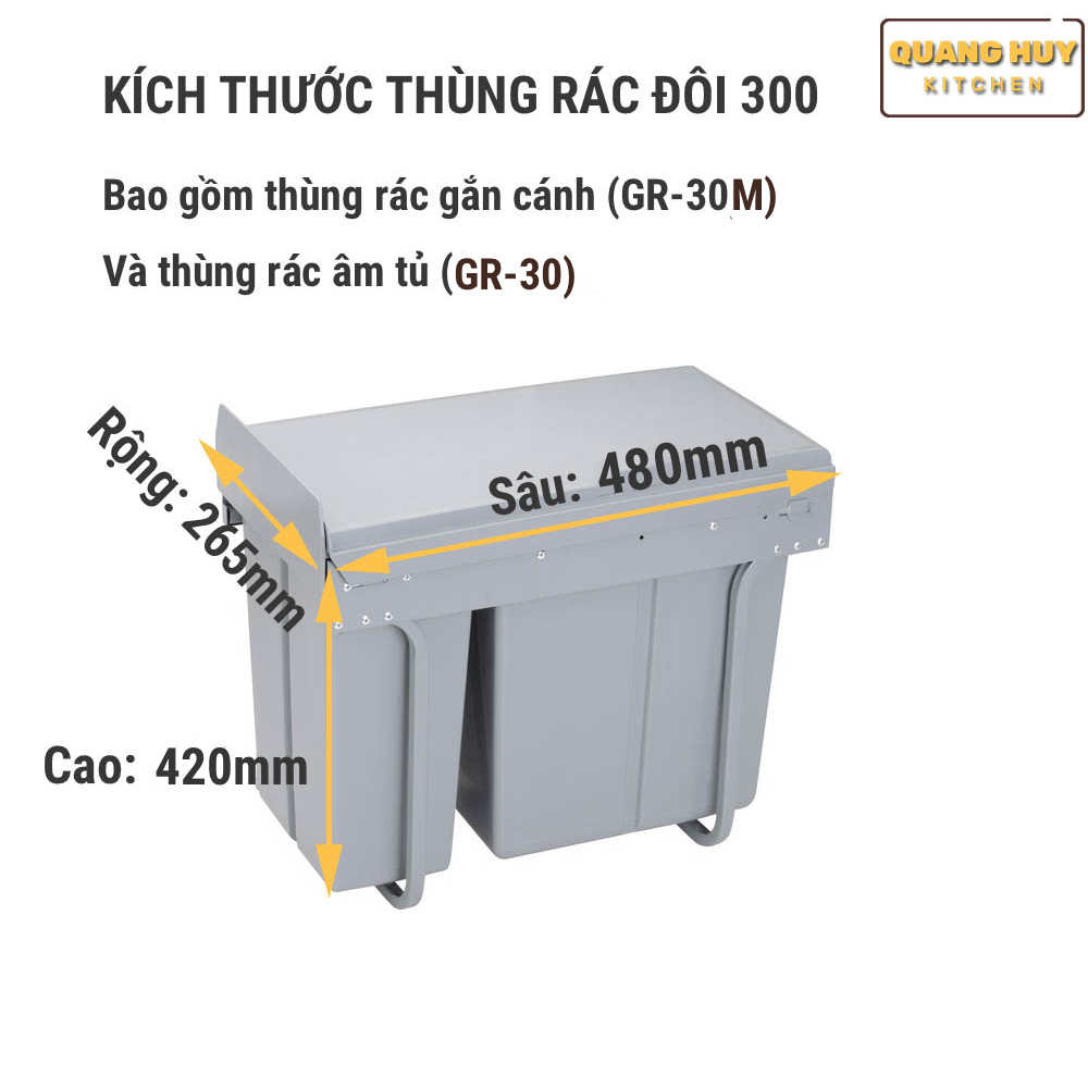 Thùng rác đôi âm tủ bếp hoặc gắn cánh tủ bếp thương hiệu Grob lắp đặt dễ dàng