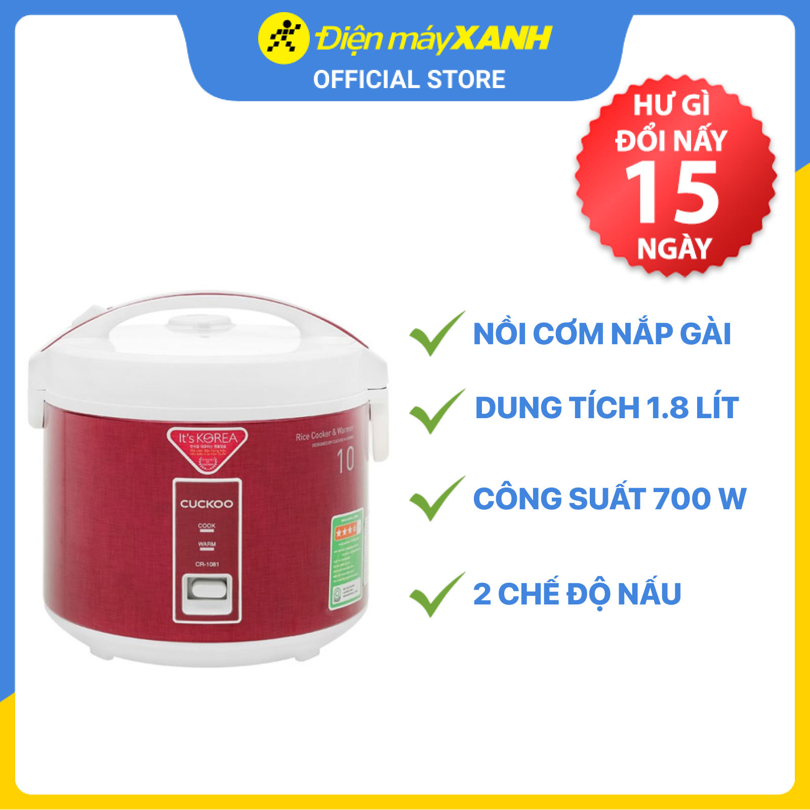 Nồi cơm điện Cuckoo 1.8 lít CR-1081 - Hàng chính hãng