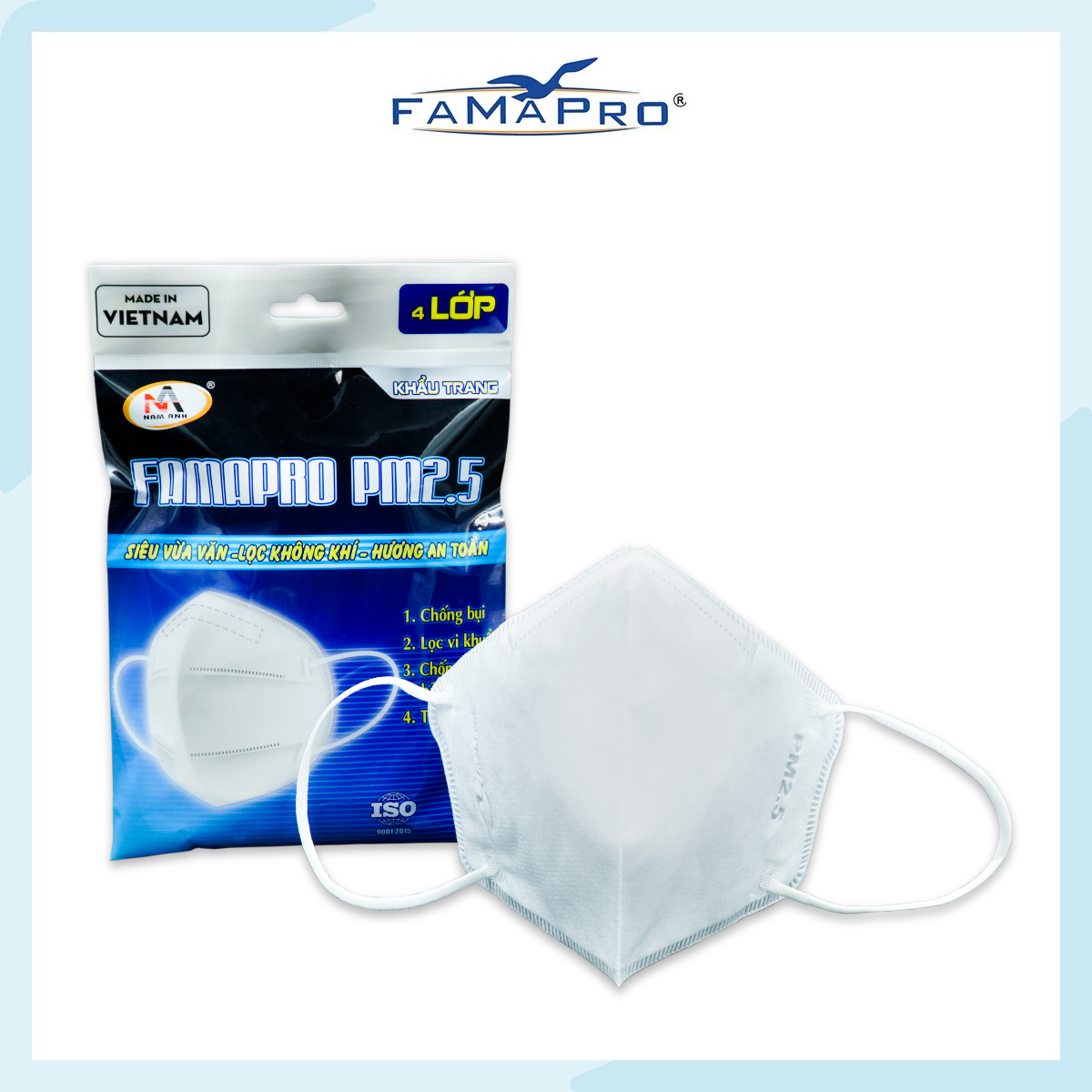 Khẩu trang y tế 4 lớp kháng khuẩn Famapro PM2.5 màu trắng (5 cái/ túi)