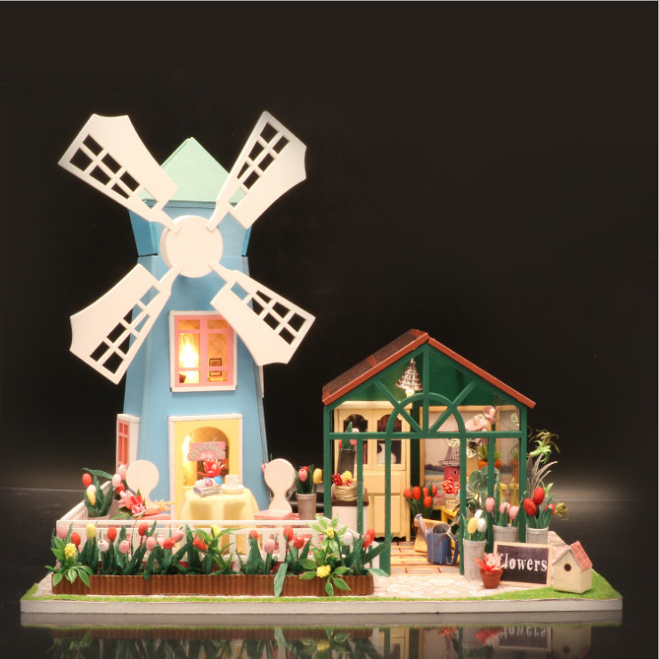 Mô hình nhà DIY Doll House Amsterdam Windmill Flower House Kèm Đèn LED và MICA chống bụi