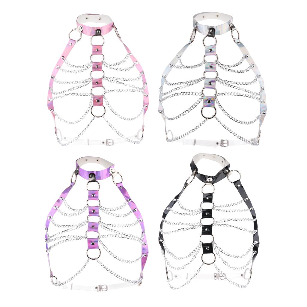 Women PU Leather Adjustable Body Chest Harness Belt Choker Necklace