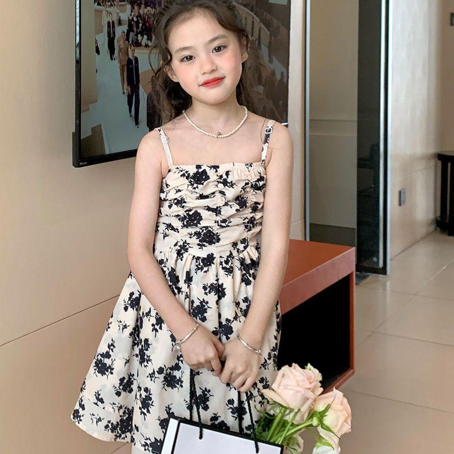 SHUANGYAN Yuanbaoth trẻ em ăn mặc thời trang phù hợp với phong cách phương Tây mùa xuân ăn mặc trẻ em gái mảnh hoa sling váy dệt kim áo choàng