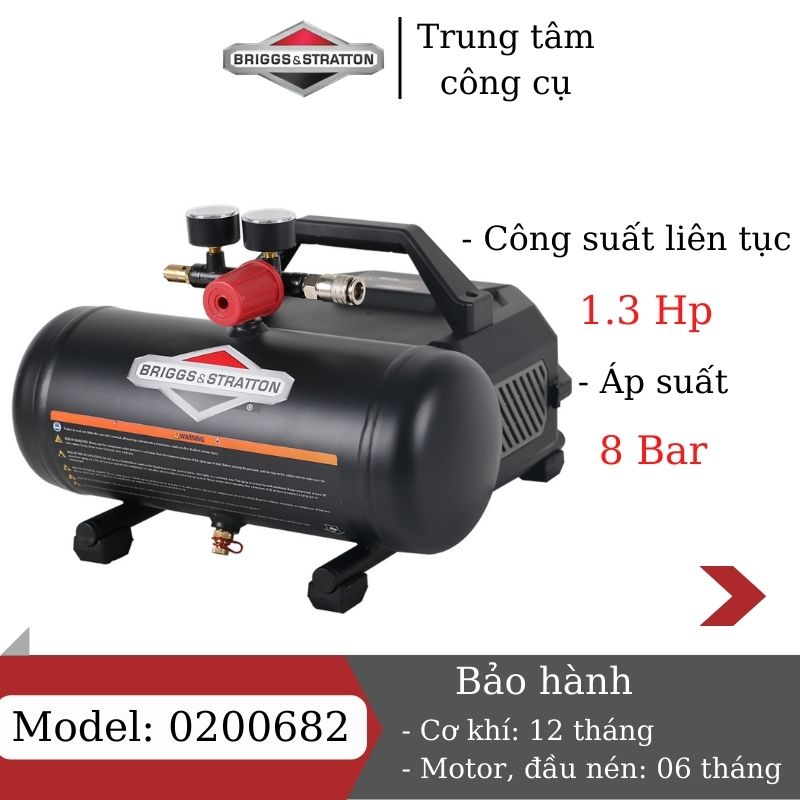 Máy nén khí không dầu 6L BRIGGS &amp;amp; STRATTON 0200682, máy nén khí mini 220V bơm hơi ô tô , xe máy, nén khí sạch công suất tối đa 1.5Hp - Hàng chính hãng