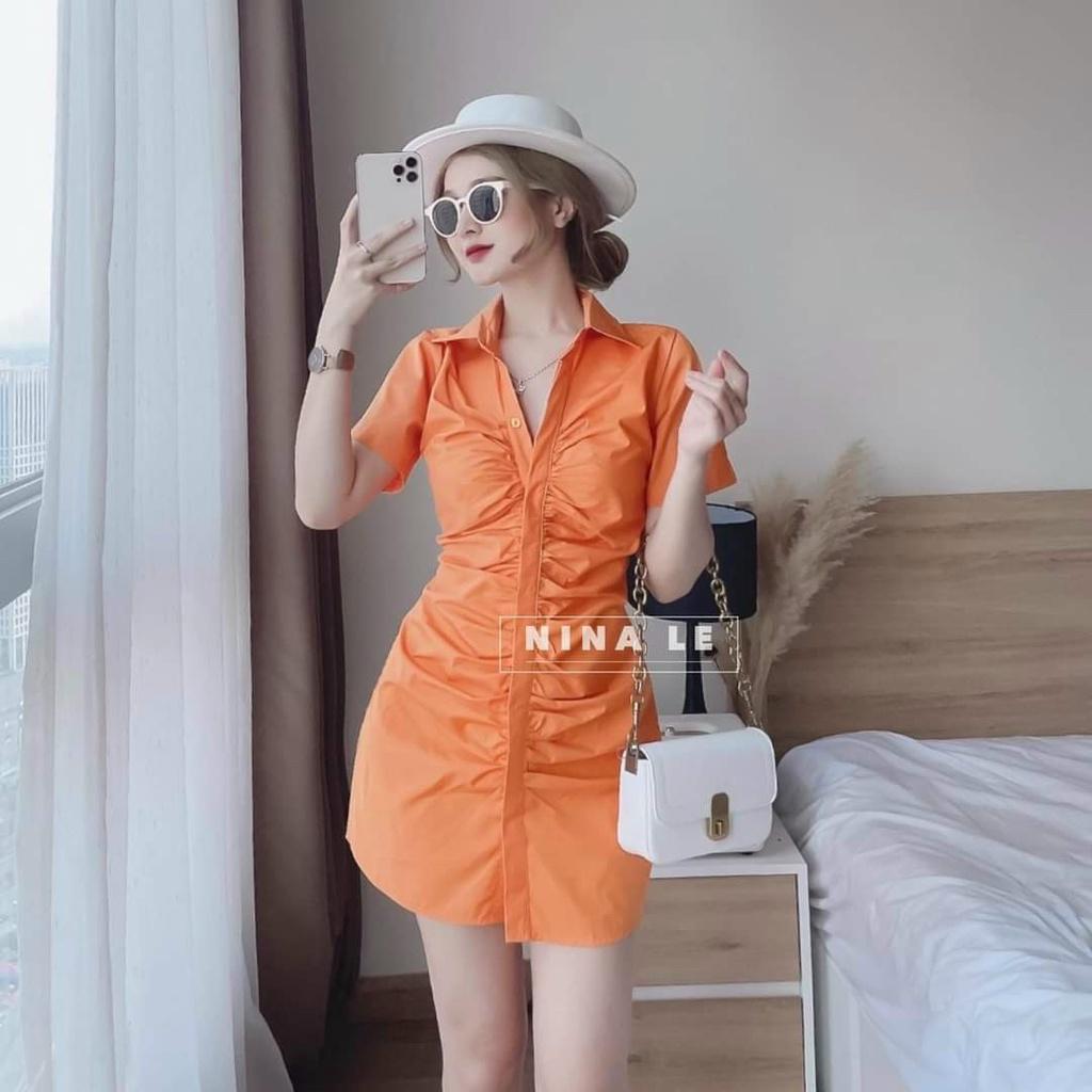 Đầm Body Cổ Sơ Mi Nhún Nút Dọc Xinh Xắn