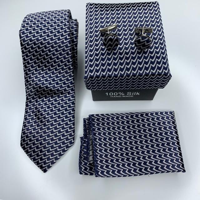Cà vạt nam 6cm hộp cà vạt + khăn + khuy áo xanh đen kẻ trắng sóng GiangPKC