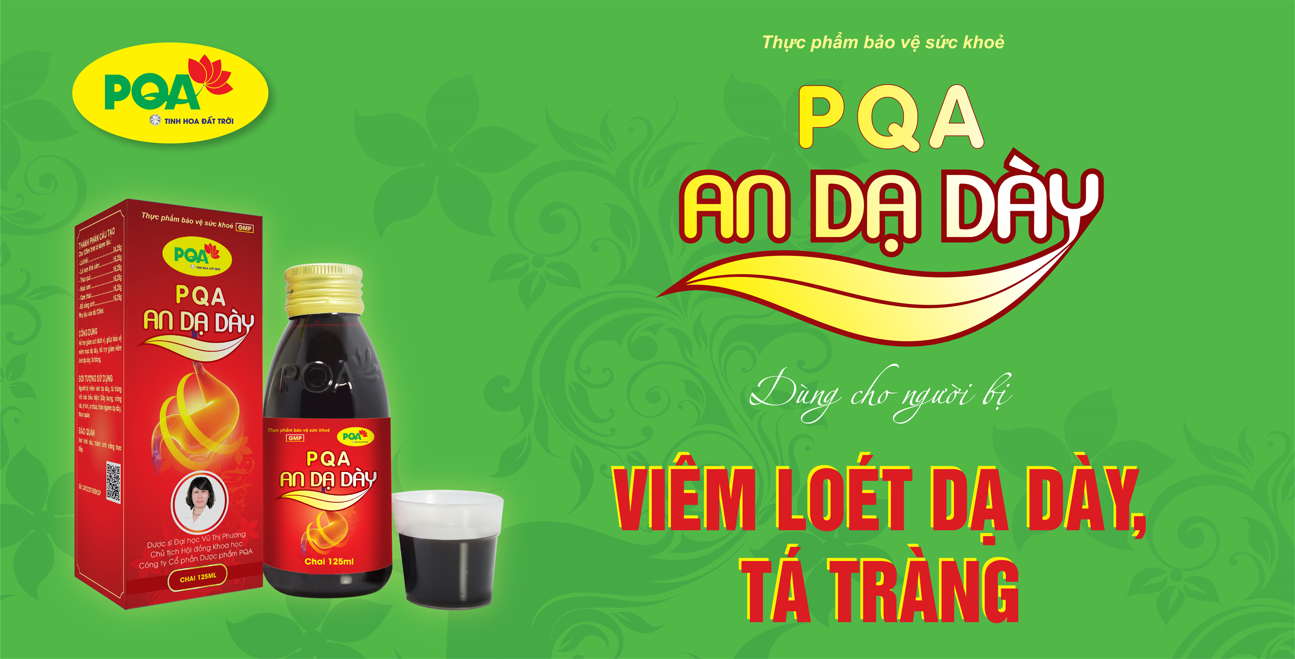 PQA An Dạ Dày là dược phẩm siro thảo dược dùng cho người bị viêm loét dạ dày, tá tràng có tác dụng hỗ trợ hạn chế axit dịch vị, bảo vệ niêm mạc dạ dày, viêm loét dạ dày, tá tràng.