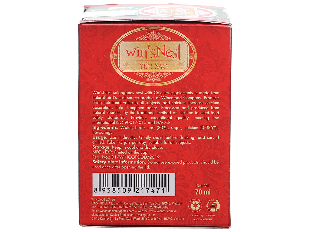 Combo 12 lọ Yến Sào cao cấp win'snest Tổ Yến Chưng Sẵn Bổ Sung Canxi 20% (70 ml/ lọ)