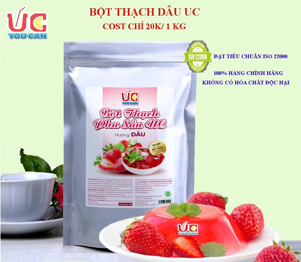BỘT THẠCH DÂU PHA SẴN UC, chỉ cần hoà với nước sôi, không cần đun nấu. Dễ pha tiết kiệm chi phí sản phẩm đã đủ vị.