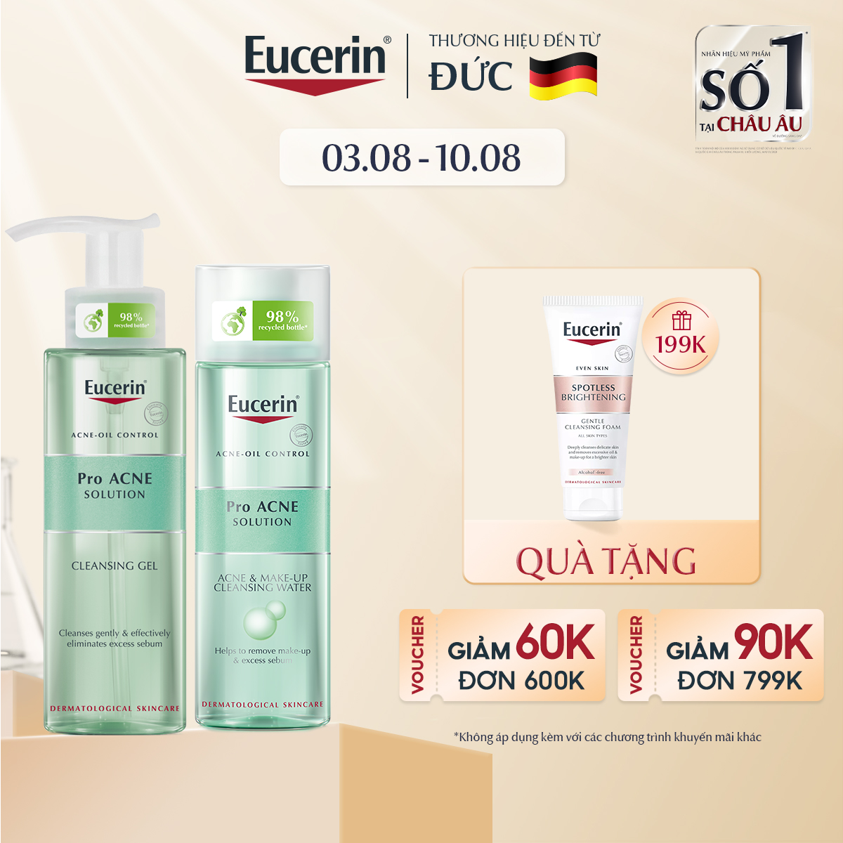 Bộ làm sạch và phục hồi cho da mụn Eucerin Pro Acne (Gel rửa mặt phục hồi Cleansing Gel 200ml 88970 + Nước tẩy trang Make Up Cleansing Water 200ml 87926)