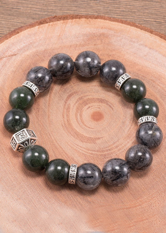 Vòng tay đá thạch anh tóc xanh phối thạch anh tóc đen charm lục tự  Ngọc Quý Gemstones