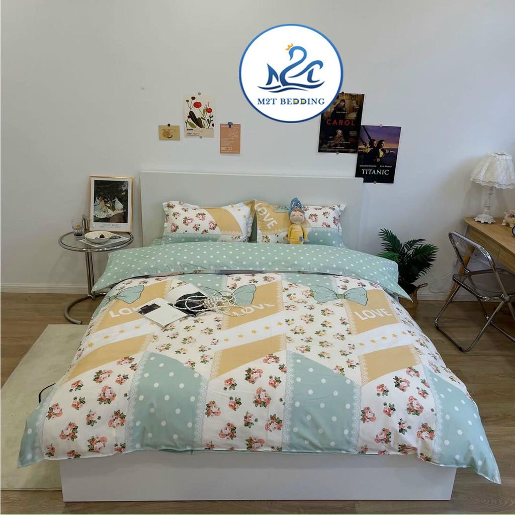 Bộ chăn ga gối Cotton Poly M2T bedding cánh hoa xanh, vỏ chăn mền, drap giường và 2 vỏ gối