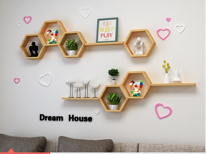 Set 6 kệ gỗ treo tường hình lục giác và 3 thanh ngang 40cm kết hợp bằng gỗ thông để đựng đồ trang trí nhà cưae