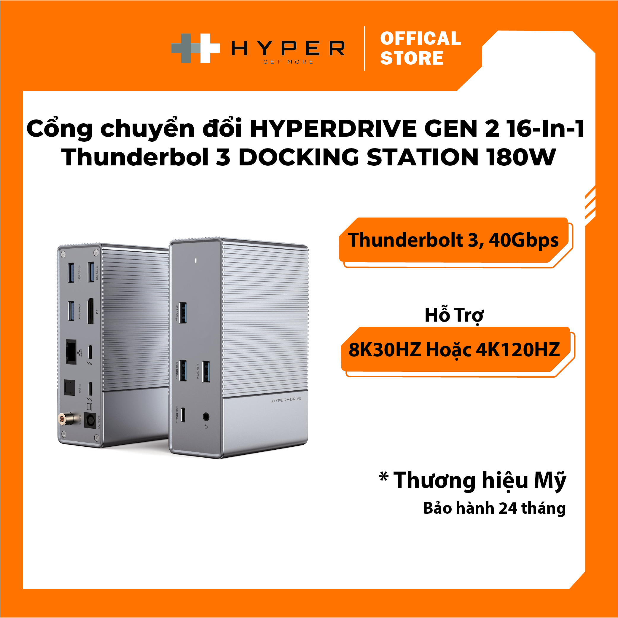 BỘ CỔNG CHUYỂN HYPERDRIVE GEN2 16-IN-1 THUNDERBOLT 3 DOCKING STATION VÀ BỘ NGUỒN DC 180W CHO MACBOOK/CHROM/PC/LAPTOP (HD-G2TB3) - HÀNG CHÍNH HÃNG