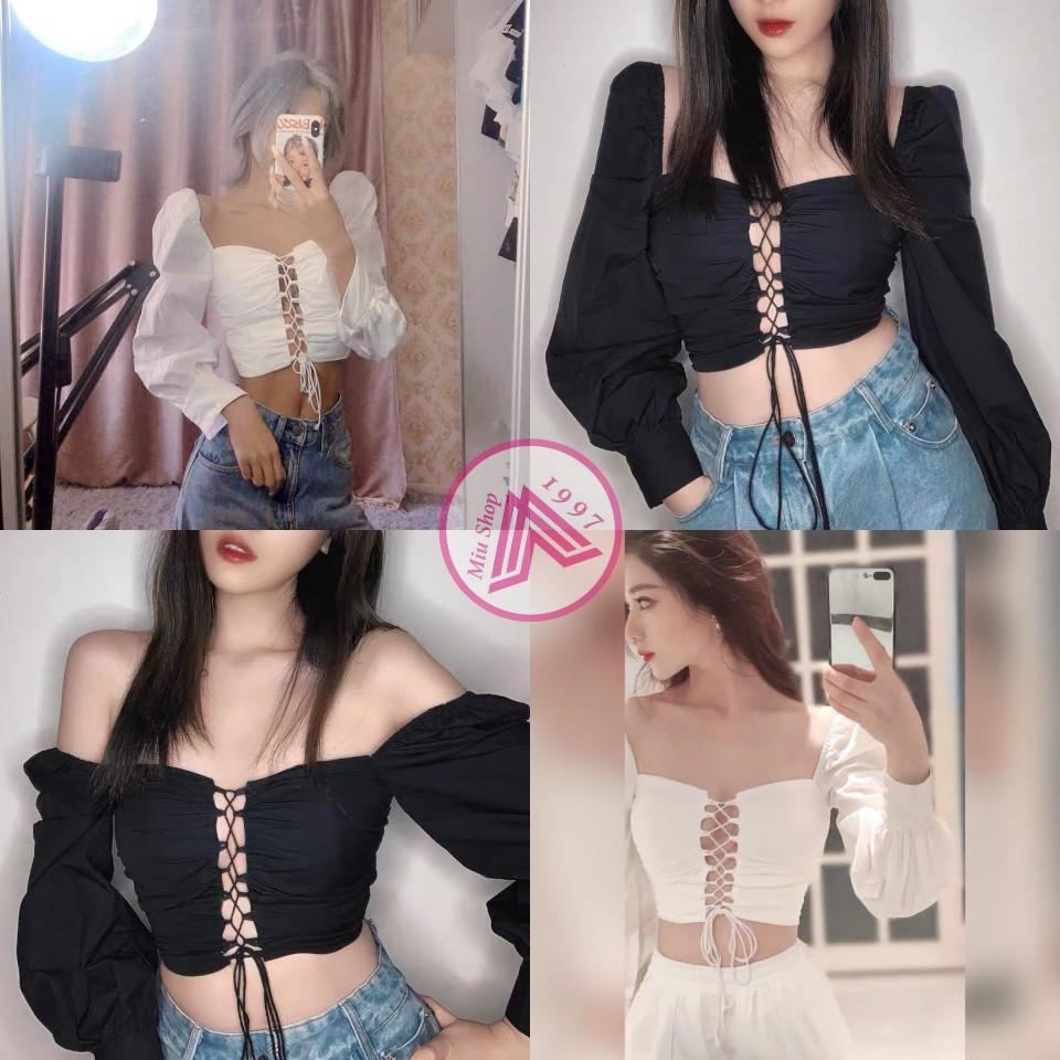 (ẢNH THẬT) Áo Croptop Đan Dây Tay Dài Daisy (TRẮNG+ĐEN
