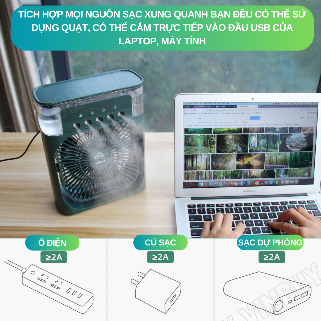 Quạt điều hòa hơi nước mini làm mát không khí để bàn nhỏ gọn, phun sương mạnh nhiều chế độ có bình đựng nước, nốt chạm cảm ứng, pin sạc tích điện, có đèn - Hàng chính hãng VinBuy