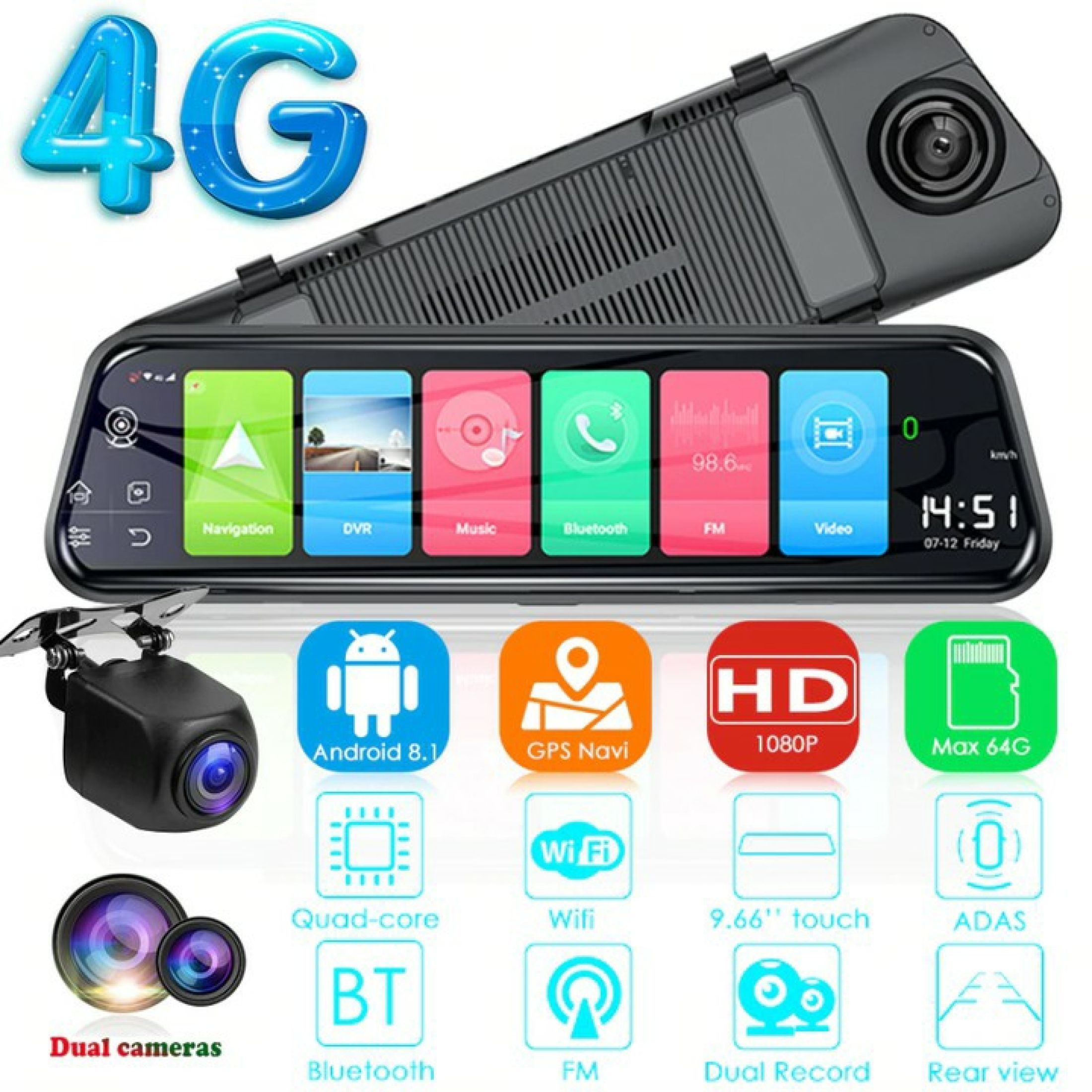 Camera Hành Trình Gương Chiếu Hậu Androi 4G _ XR10 Plus Quay Trước Sau Full HD 1080P