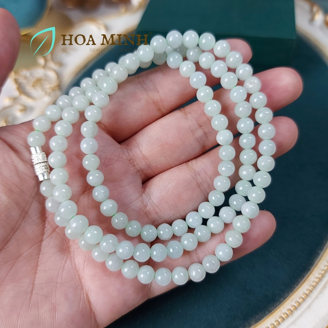 Vòng cổ 108 hạt ngọc Cẩm Thạch A xanh táo size hạt 5.5 li (có thể đeo thành vòng tay) VIP, trong bóng | Hoa Minh Gem