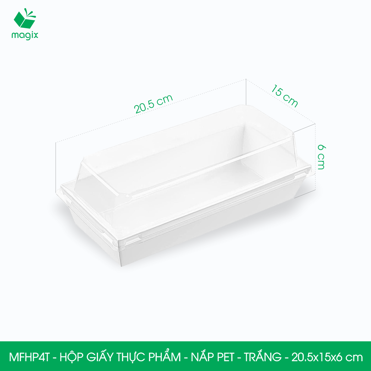 MFHP4T - 20.5x15x6 cm - 100 hộp giấy thực phẩm màu trắng nắp Pet, hộp giấy chữ nhật đựng thức ăn, hộp bánh nắp trong