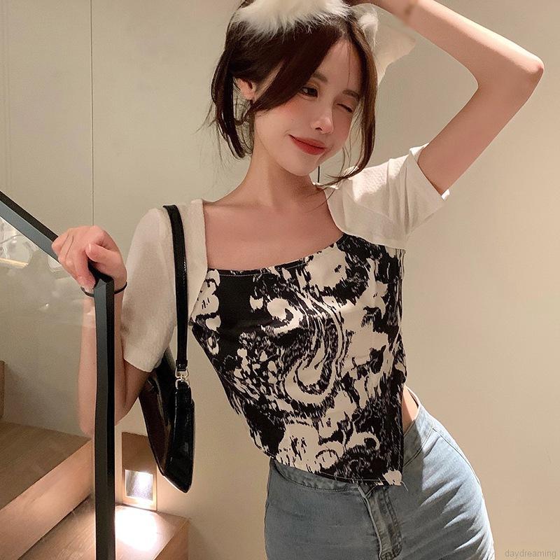 Áo Thun Tay Ngắn Cổ Vuông Thiết Kế Độc Đáo Cá Tính Cho Nữ