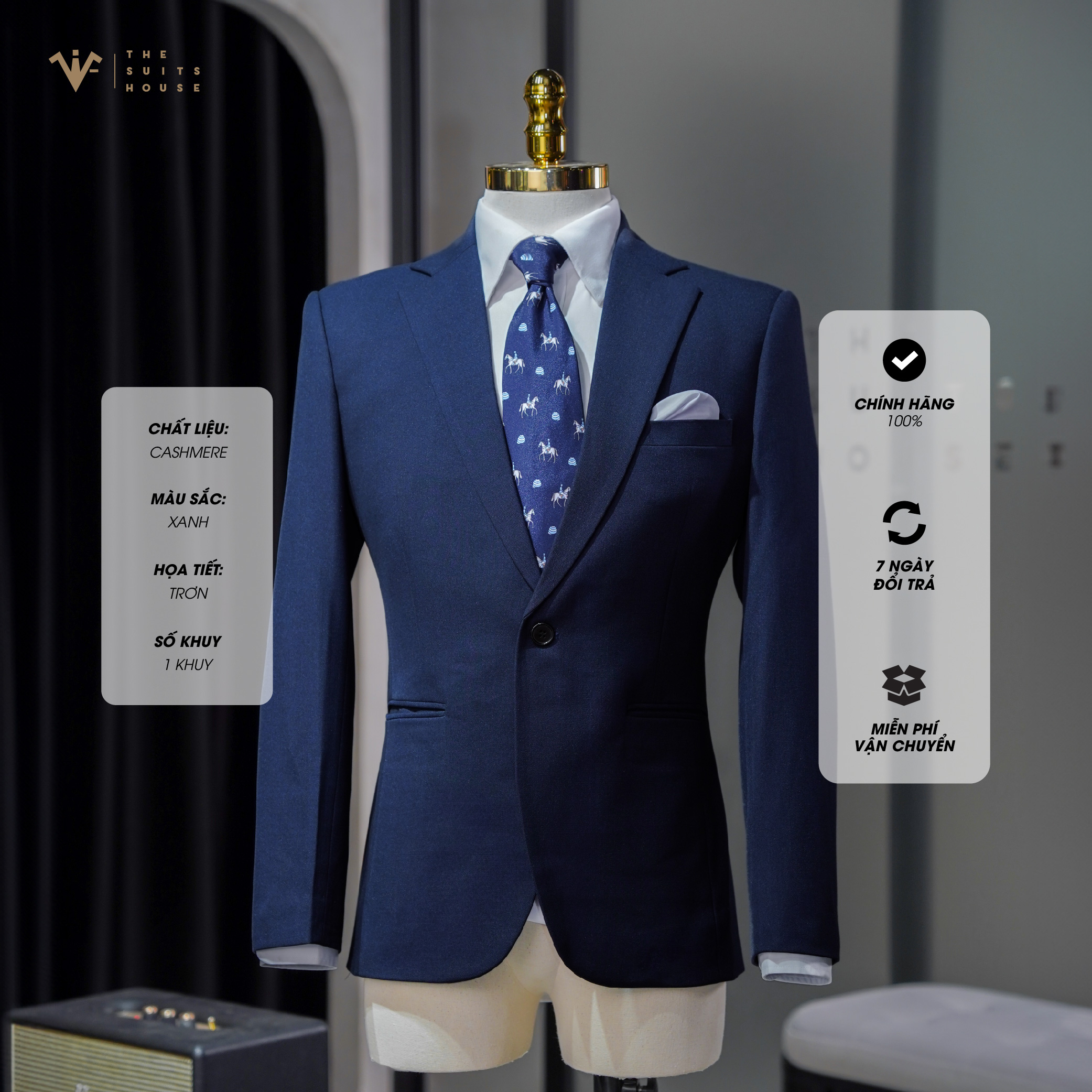 [CLASSY 1] Nguyên bộ suits 2 mảnh XANH1 KHUY 3 TÚI, vải cashmere, form chuẩn