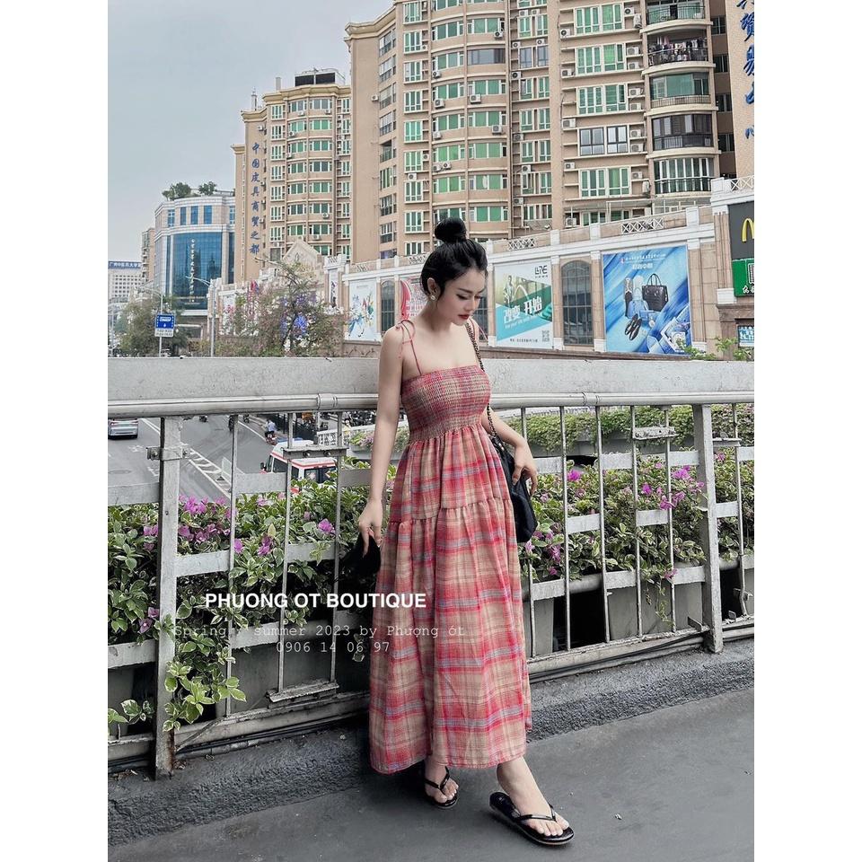 VÁY ĐI CHƠI, VÁY MAXI CÚP NGỰC CARO 2S DÁNG XÒE CỰC XINH LUN Ạ