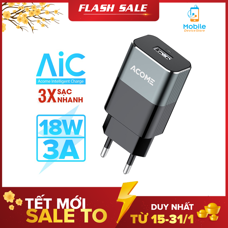 [ Cổng Sạc USB ] Cốc Sạc Nhanh ACOME  Chuẩn QC 3.0, Công Suất 18W - Hàng Chính Hãng