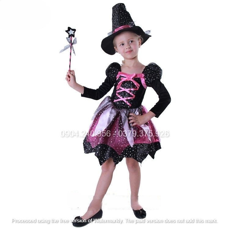 Váy, đầm hóa trang Halloween cô phù thủy xinh xắn cho bé gái có kèm mũ, gậy ngôi sao và túi xách đựng quà