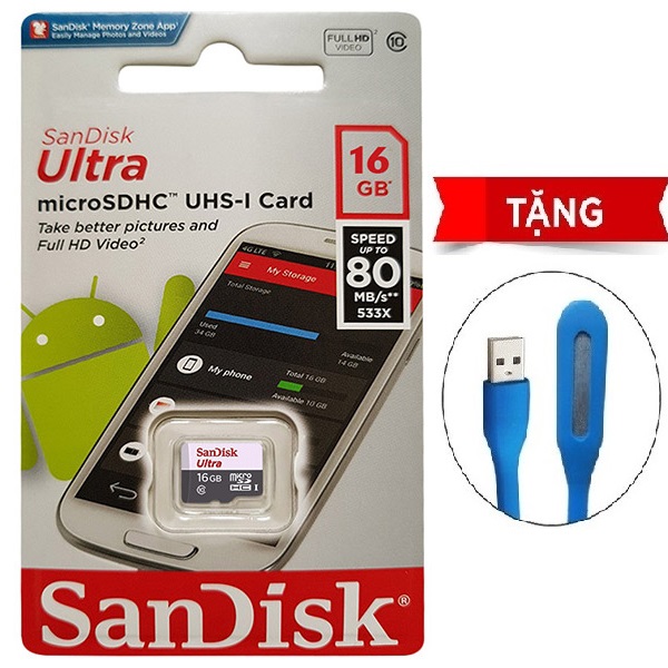 Thẻ Nhớ Micro SDHC SanDisk UHS-1 16GB Class 10 - 80MB/s - Hàng Chính Hãng + Tặng đèn Led