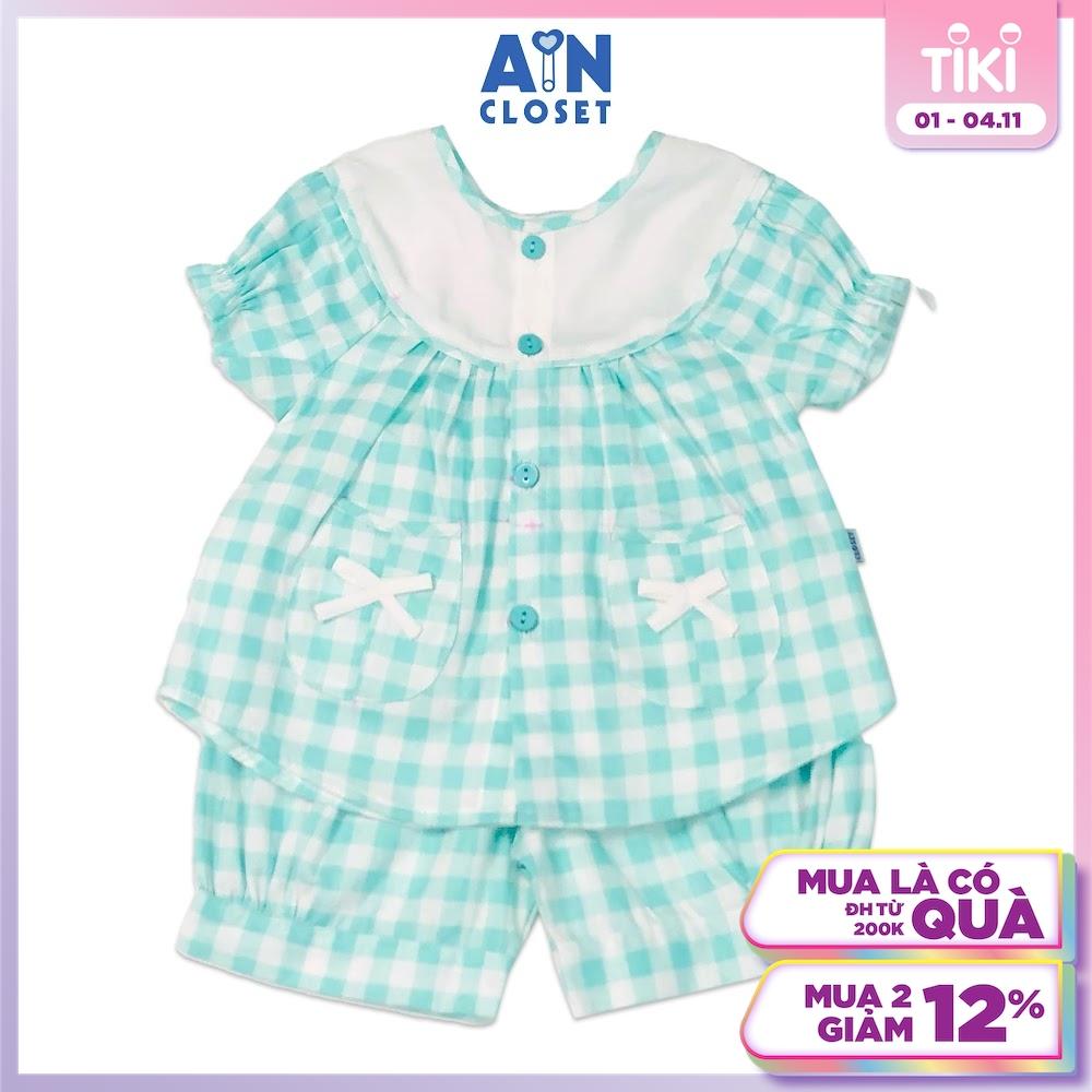 Bộ quần áo ngắn Bé gái họa tiết Caro xanh mint cotton - AICDBGIXPDDF - AIN Closet