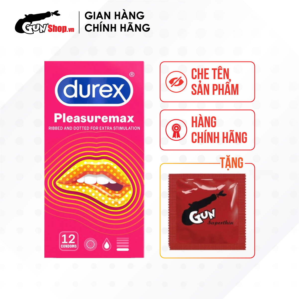 [Hộp 12 cái] Bao cao su Durex Pleasuremax - Size lớn 56mm, gân và điểm nổi kèm 1 chiếc BCS Gun Super Thin