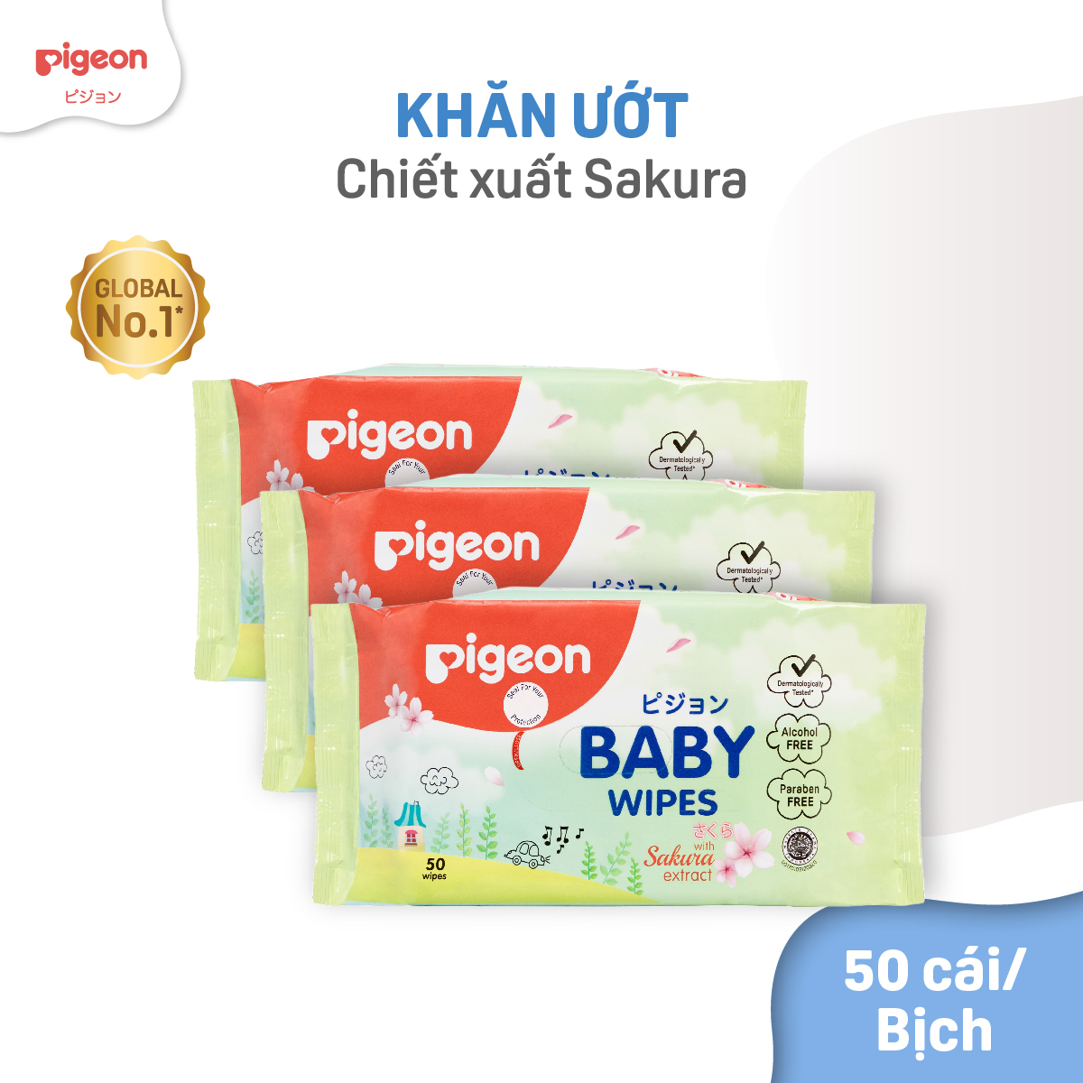 Combo Khăn Ướt Em Bé Pigeon Chiết Xuất Sakura 50 tờ/gói