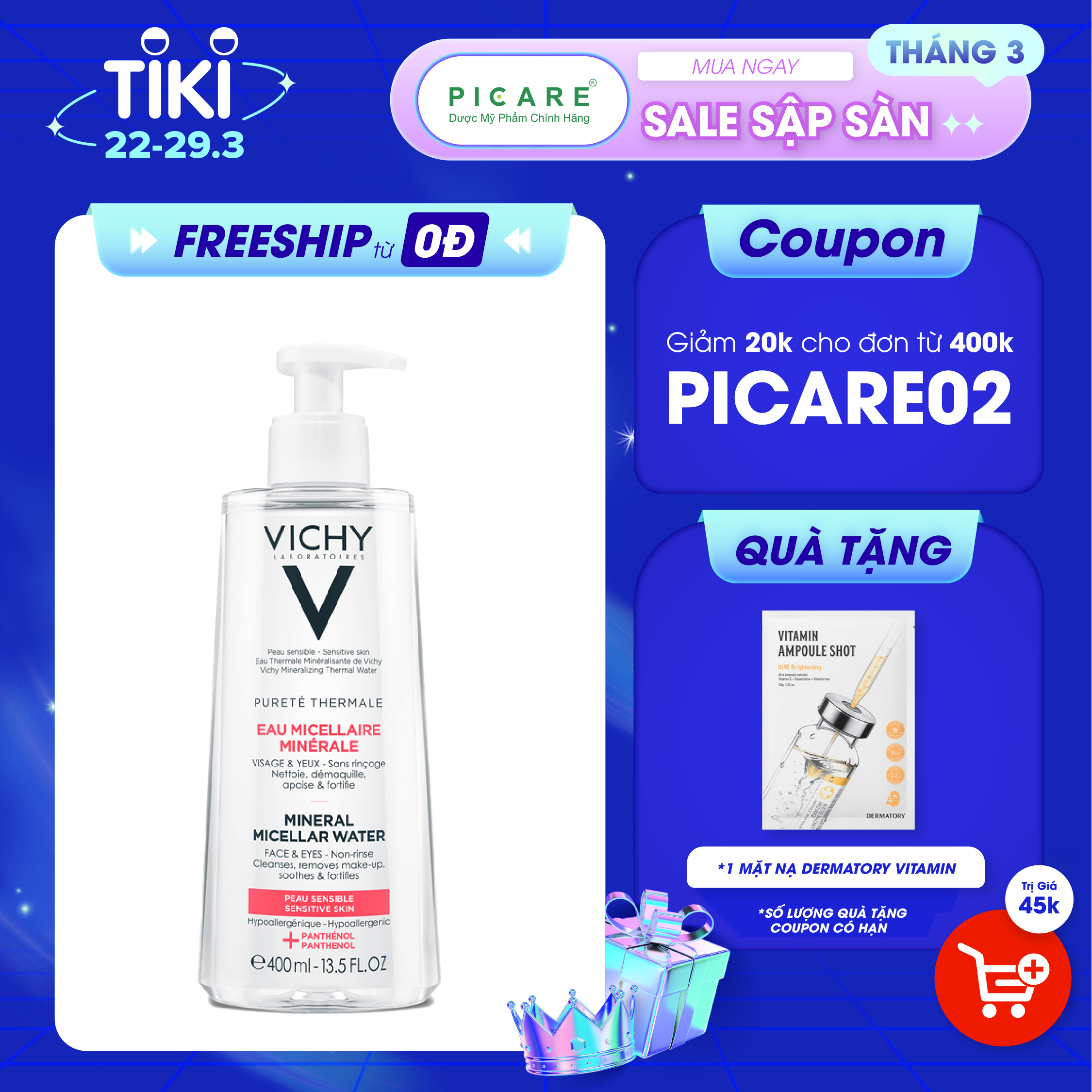 Nước tẩy trang Mineral Micellar Water cho da nhạy cảm Vichy Pureté Thermale 400ml