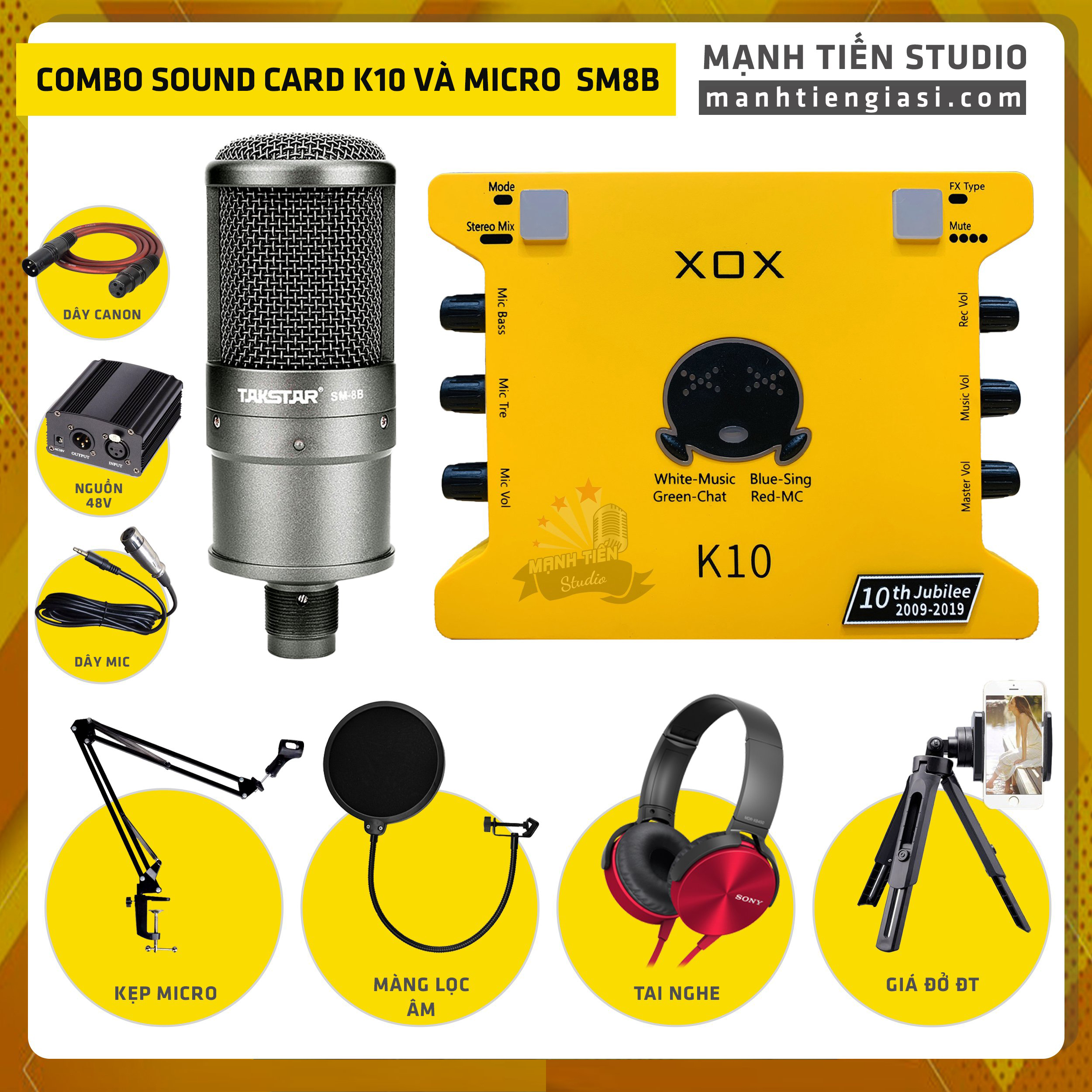 Combo thu âm, livestream Micro TakStar SM8B, Sound card XOX K10 Jubilee - Kèm full phụ kiện nguồn 48V, kẹp micro, màng lọc, tai nghe, giá đỡ ĐT - Hỗ trợ thu âm, karaoke online chuyên nghiệp - Hàng nhập khẩu