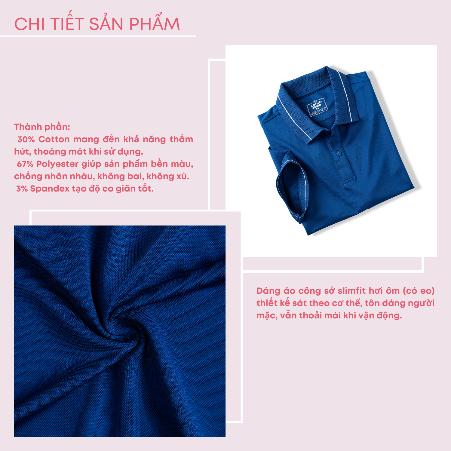 Áo thun có cổ nữ màu xanh dương phối viền ADINO vải polyester cotton không bai xù dáng slimfit công sở hơi ôm trẻ trung APN04