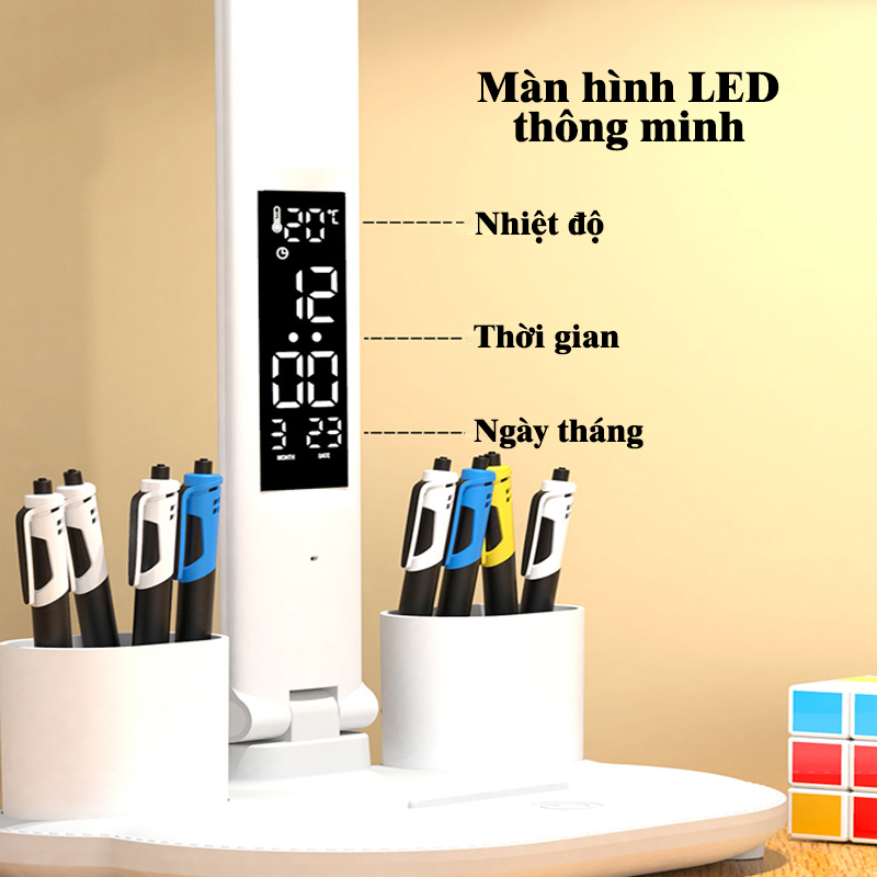 Đèn bàn học, bàn làm việc tích điện màn hình LED tiện ích, đa năng, chống cận 3 màu, chỉnh độ sáng