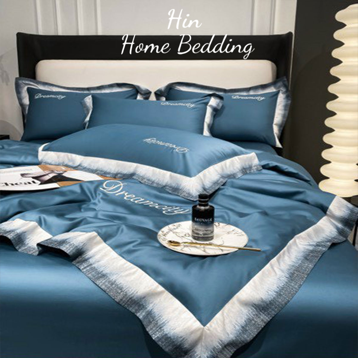 Bộ Chăn Ga Gối Đệm 5 Món Chăn Phao Lụa Thái Hin Home Bedding Mẫu Xanh Biển Đậm