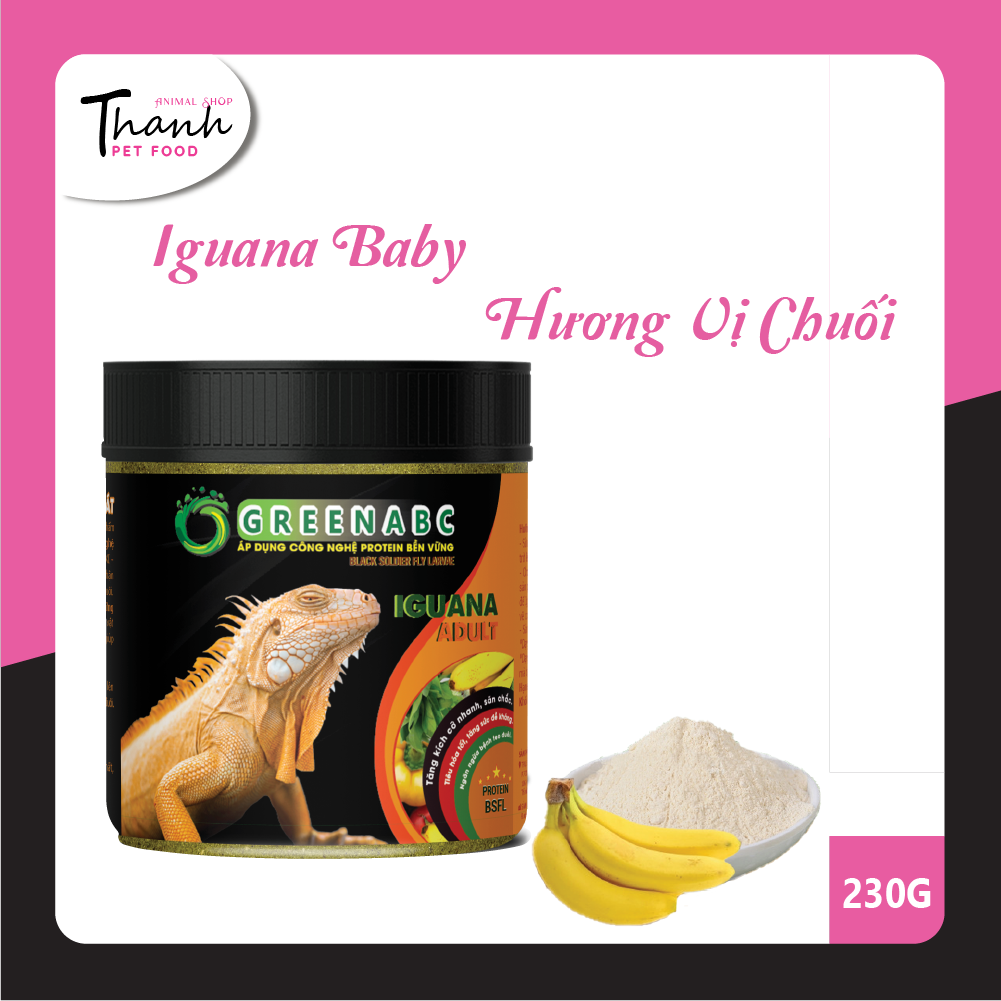 Thức ăn bò sát Iguana Trưởng Thành nhãn GREENABC vị chuối dùng cho Iguana từ 1m trở lên – Gai bung, gù cao, dáng đẹp, lên màu tươi - Hộp 230g