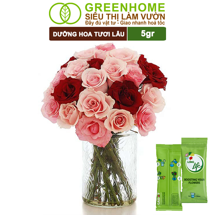 Dưỡng Hoa Tươi Lâu Greenhome, Longlife, Phân Bón Cho Hoa Cắt Cành, Gói 5gr, Lâu Tàn, Nở Bông To, Không Bị Hôi Nước