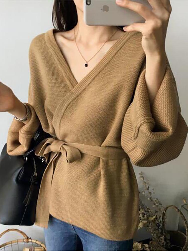 Thanh Lịch Khoác Cardigan Nữ 2021 Thu Đông Hàn Quốc Cổ Chữ V Dây Dài Tay Áo Len Dệt Kim Cardigan Nữ