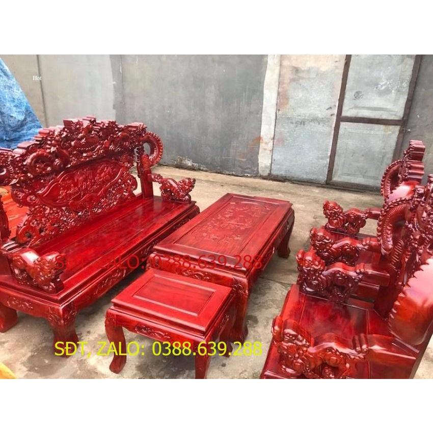bộ bàn ghế phòng khách rồng khuỳnh nghê đỉnh gỗ xà cừ tay 12 bàn đục