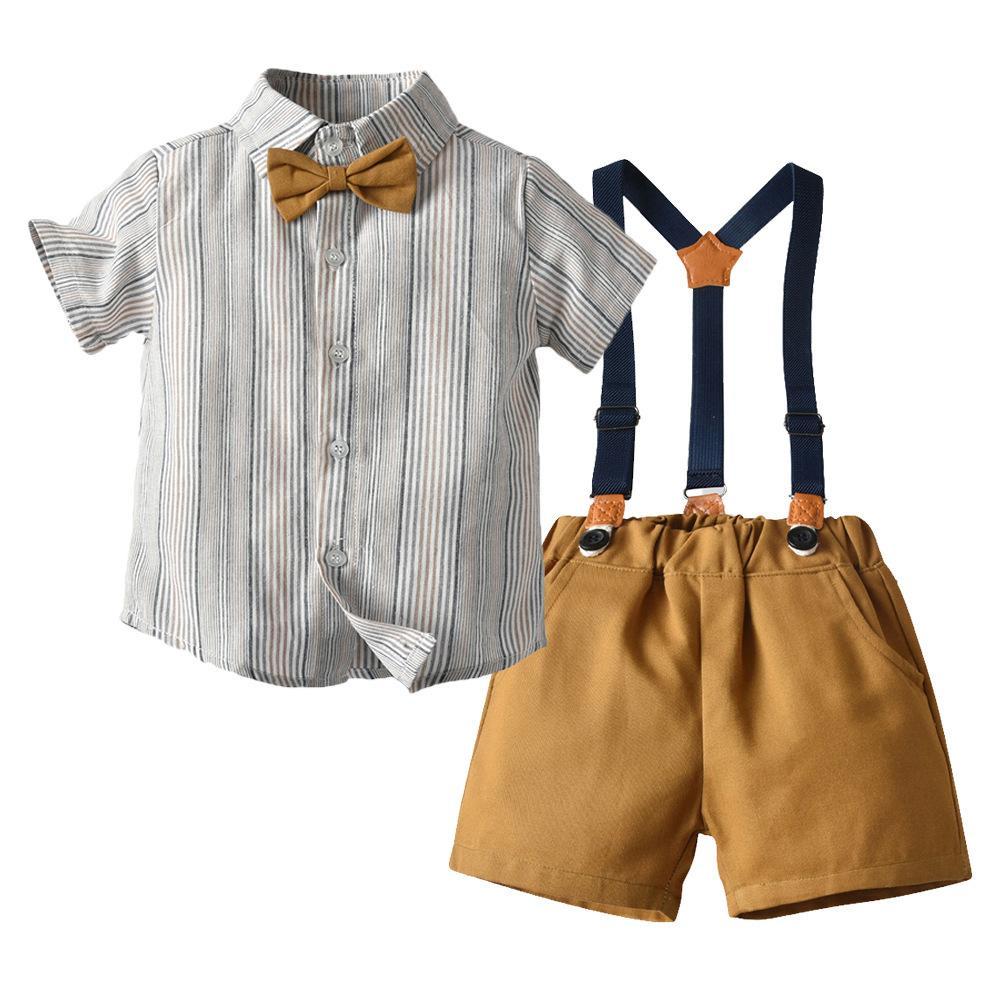 Set công tử bé trai áo sơ mi, quần short kèm nơ cổ phù hợp đi tiệc, đi chơi