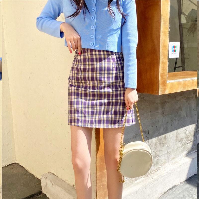 Korean High Waist Plaid Straight Skirt High Waist Was Thin Plaid Skirt
