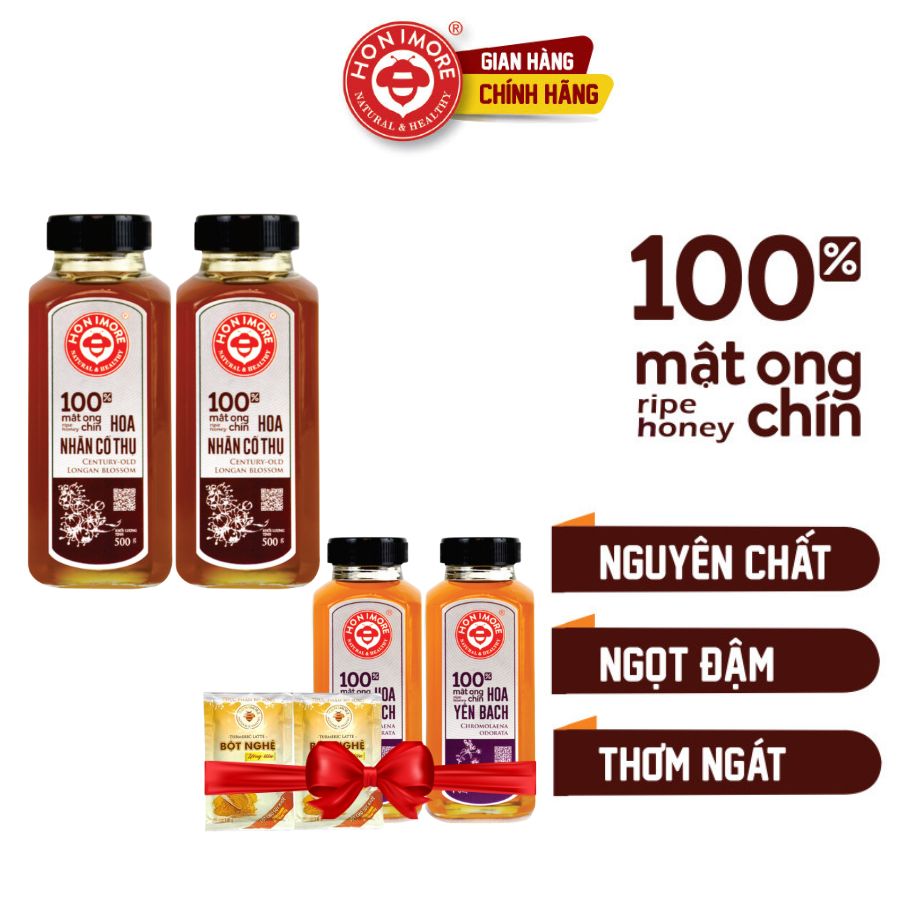 Combo 2 chai mật ong chín Honimore Nhãn cổ thụ 500g - TẶNG 2 chai mật ong Hoa Yên bạch 500g