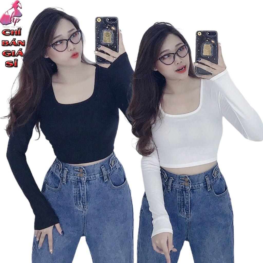 Áo kiểu croptop nữ đẹp ôm body tay dài cổ vuông thun lụa mỏng nhẹ dễ thương mẫu mới thời trang - áo lụa A43